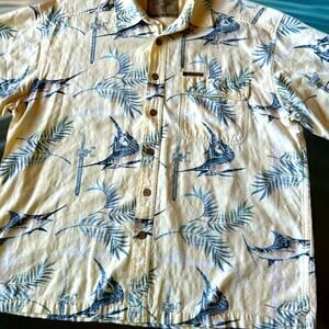 Men’s Hawaiian Fish Print Shirt L Resort Short Sleeve Gorpcore Honeymoon Preppy